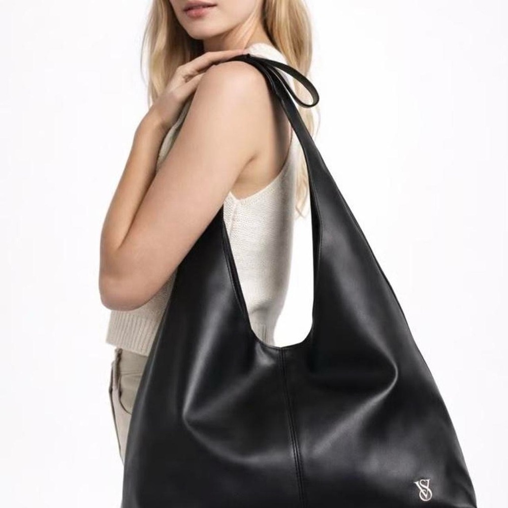 New Victoria’s Secret Black Leather Bow Tie Shoulder Strap Tote Shopper Bag M